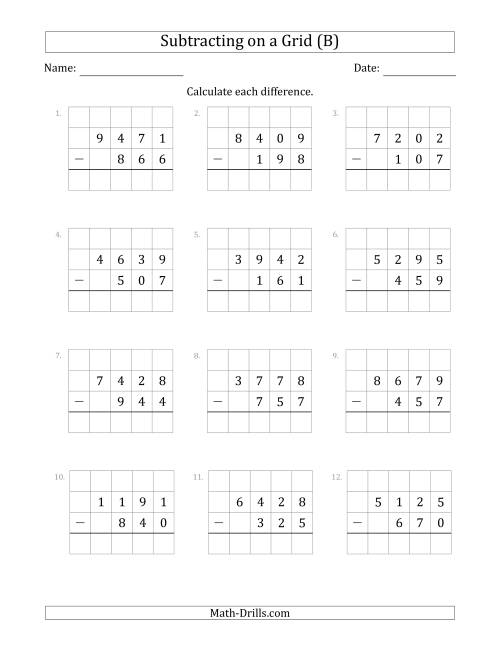 The Subtracting 3-Digit Numbers from 4-Digit Numbers With Grid Support (B) Math Worksheet