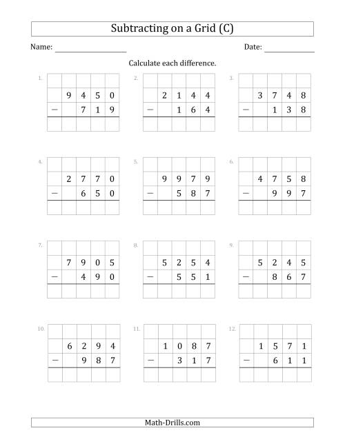 The Subtracting 3-Digit Numbers from 4-Digit Numbers With Grid Support (C) Math Worksheet