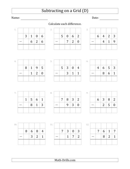 The Subtracting 3-Digit Numbers from 4-Digit Numbers With Grid Support (D) Math Worksheet