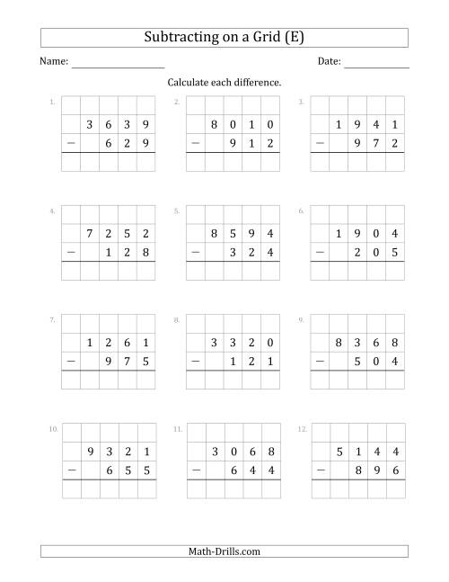 The Subtracting 3-Digit Numbers from 4-Digit Numbers With Grid Support (E) Math Worksheet