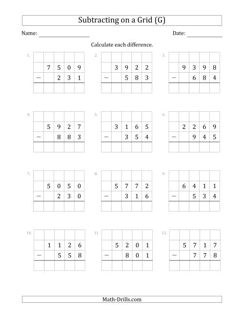 The Subtracting 3-Digit Numbers from 4-Digit Numbers With Grid Support (G) Math Worksheet