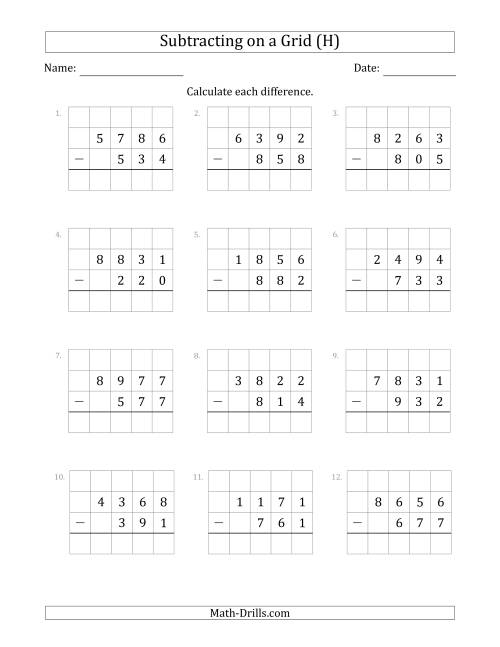 The Subtracting 3-Digit Numbers from 4-Digit Numbers With Grid Support (H) Math Worksheet