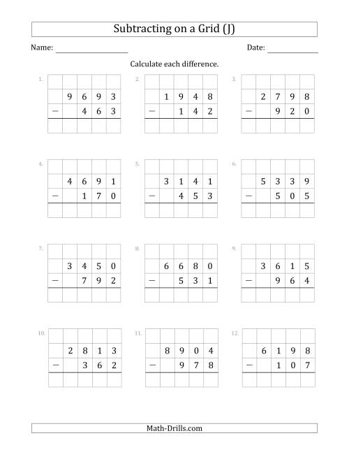 The Subtracting 3-Digit Numbers from 4-Digit Numbers With Grid Support (J) Math Worksheet