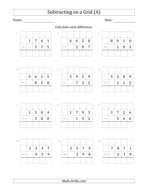 The Subtracting 3-Digit Numbers from 4-Digit Numbers With Grid Support (All) Math Worksheet