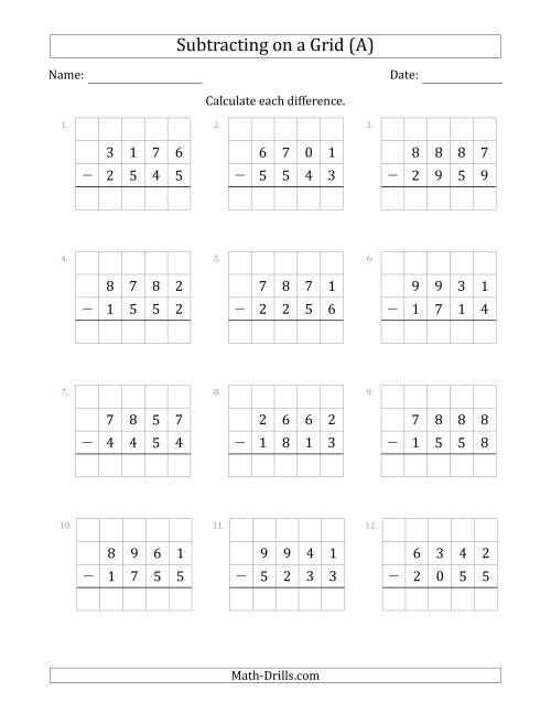 The Subtracting 4-Digit Numbers from 4-Digit Numbers With Grid Support (A) Math Worksheet