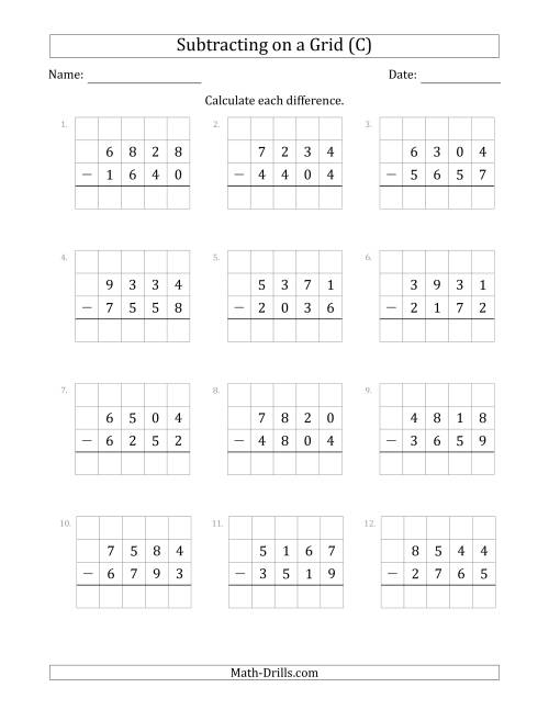 The Subtracting 4-Digit Numbers from 4-Digit Numbers With Grid Support (C) Math Worksheet