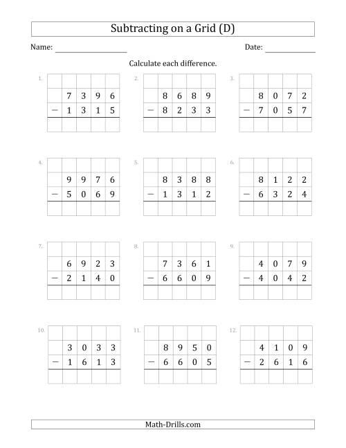 The Subtracting 4-Digit Numbers from 4-Digit Numbers With Grid Support (D) Math Worksheet