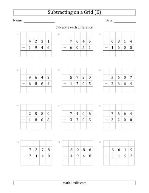 The Subtracting 4-Digit Numbers from 4-Digit Numbers With Grid Support (E) Math Worksheet