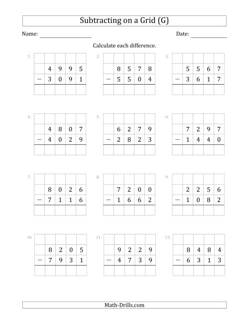 The Subtracting 4-Digit Numbers from 4-Digit Numbers With Grid Support (G) Math Worksheet