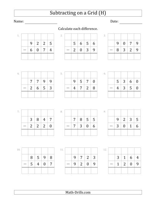 The Subtracting 4-Digit Numbers from 4-Digit Numbers With Grid Support (H) Math Worksheet