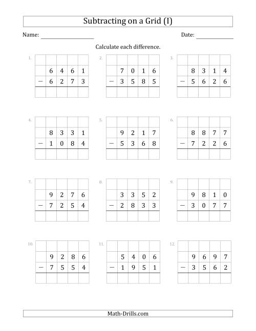 The Subtracting 4-Digit Numbers from 4-Digit Numbers With Grid Support (I) Math Worksheet