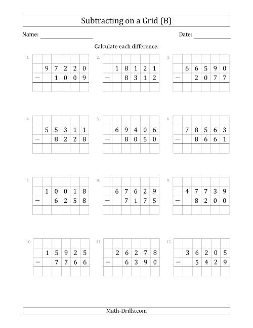 The Subtracting 4-Digit Numbers from 5-Digit Numbers With Grid Support (B) Math Worksheet