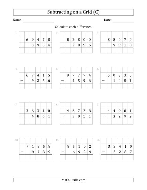 The Subtracting 4-Digit Numbers from 5-Digit Numbers With Grid Support (C) Math Worksheet