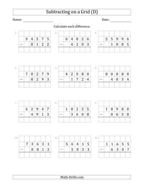 The Subtracting 4-Digit Numbers from 5-Digit Numbers With Grid Support (D) Math Worksheet
