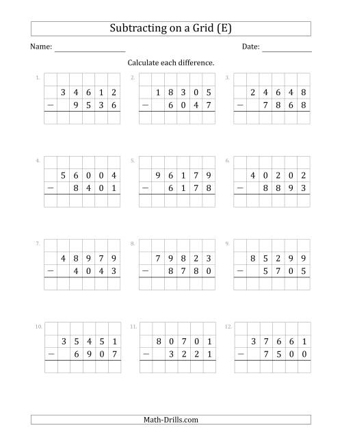 The Subtracting 4-Digit Numbers from 5-Digit Numbers With Grid Support (E) Math Worksheet