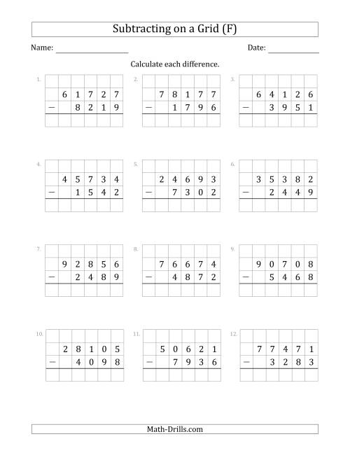 The Subtracting 4-Digit Numbers from 5-Digit Numbers With Grid Support (F) Math Worksheet