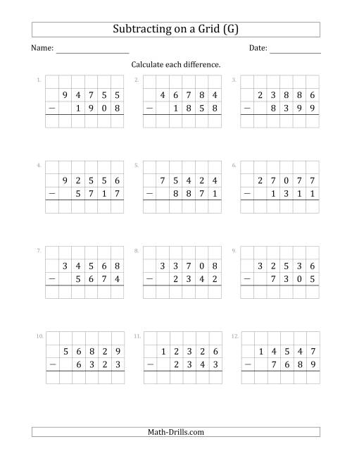 The Subtracting 4-Digit Numbers from 5-Digit Numbers With Grid Support (G) Math Worksheet