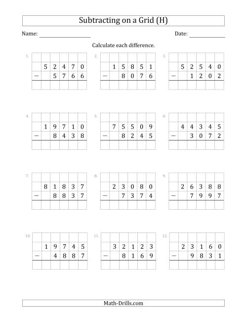 The Subtracting 4-Digit Numbers from 5-Digit Numbers With Grid Support (H) Math Worksheet