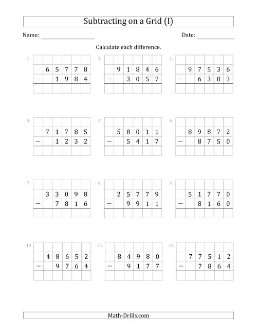 The Subtracting 4-Digit Numbers from 5-Digit Numbers With Grid Support (I) Math Worksheet