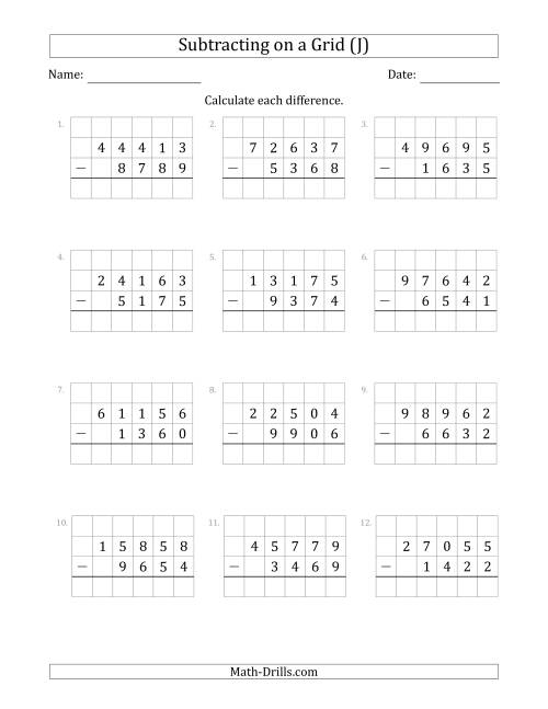 The Subtracting 4-Digit Numbers from 5-Digit Numbers With Grid Support (J) Math Worksheet