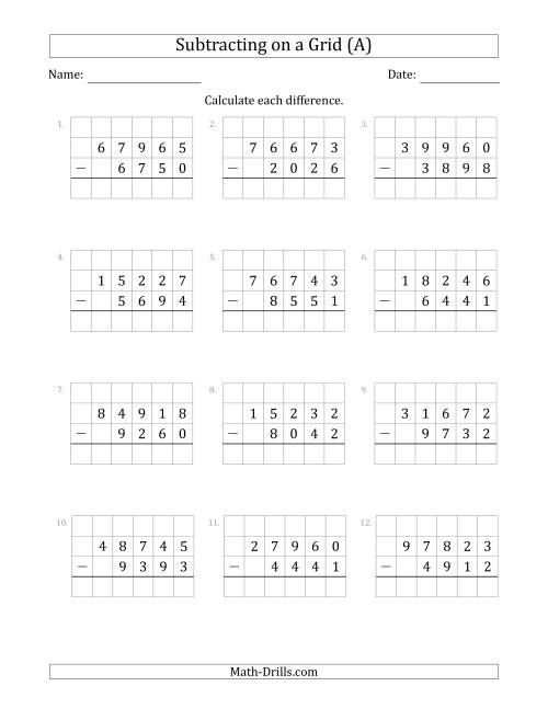 The Subtracting 4-Digit Numbers from 5-Digit Numbers With Grid Support (All) Math Worksheet