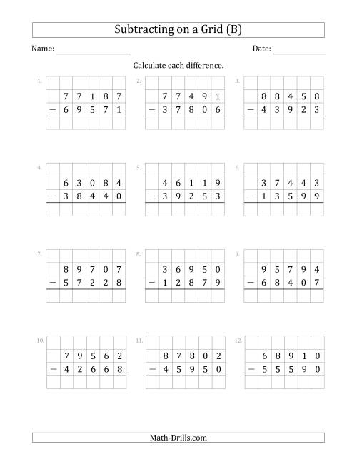 The Subtracting 5-Digit Numbers from 5-Digit Numbers With Grid Support (B) Math Worksheet