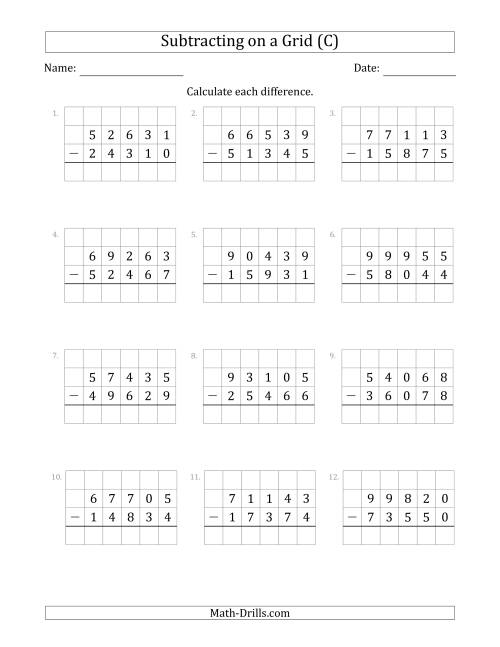 The Subtracting 5-Digit Numbers from 5-Digit Numbers With Grid Support (C) Math Worksheet