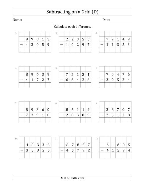 The Subtracting 5-Digit Numbers from 5-Digit Numbers With Grid Support (D) Math Worksheet