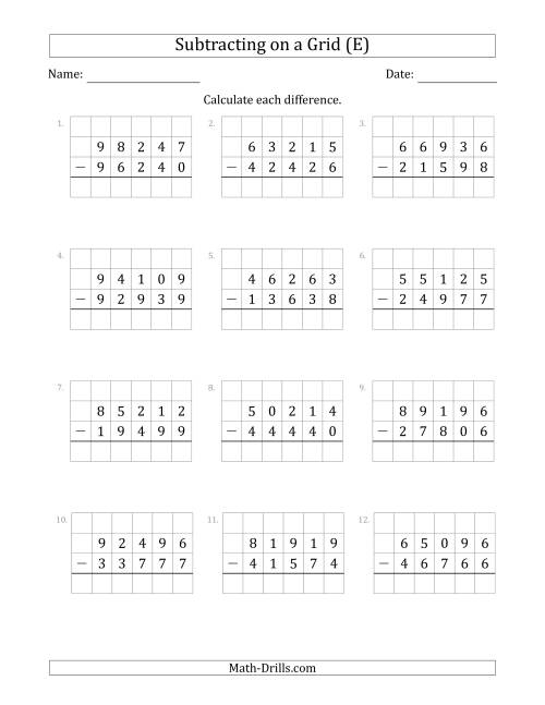 The Subtracting 5-Digit Numbers from 5-Digit Numbers With Grid Support (E) Math Worksheet