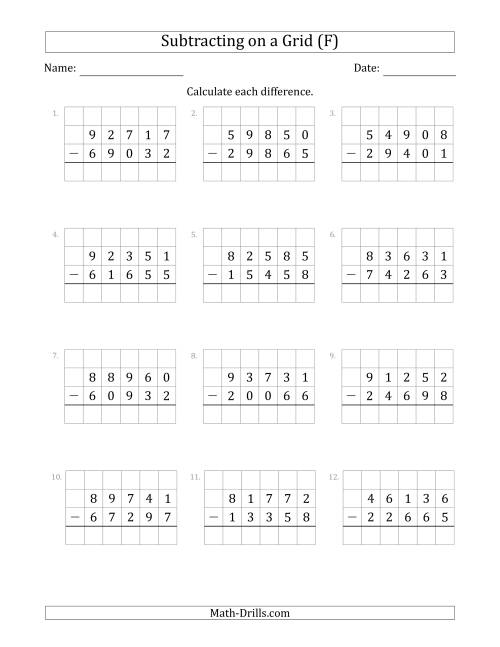 The Subtracting 5-Digit Numbers from 5-Digit Numbers With Grid Support (F) Math Worksheet