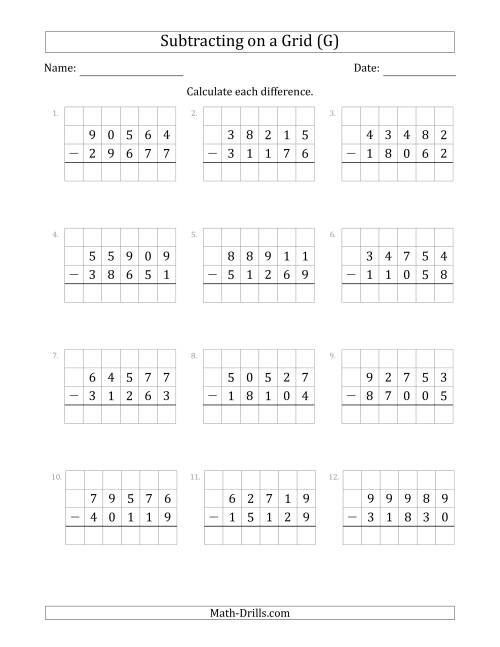 The Subtracting 5-Digit Numbers from 5-Digit Numbers With Grid Support (G) Math Worksheet