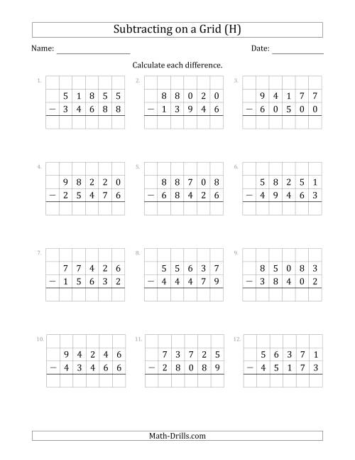 The Subtracting 5-Digit Numbers from 5-Digit Numbers With Grid Support (H) Math Worksheet