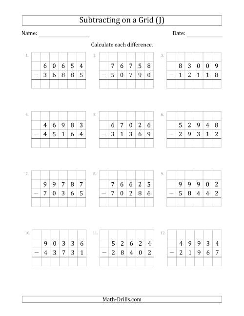 The Subtracting 5-Digit Numbers from 5-Digit Numbers With Grid Support (J) Math Worksheet