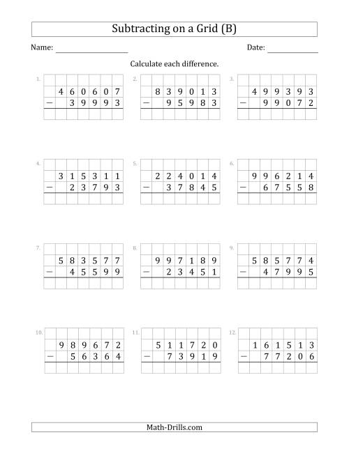 The Subtracting 5-Digit Numbers from 6-Digit Numbers With Grid Support (B) Math Worksheet