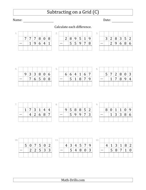 The Subtracting 5-Digit Numbers from 6-Digit Numbers With Grid Support (C) Math Worksheet