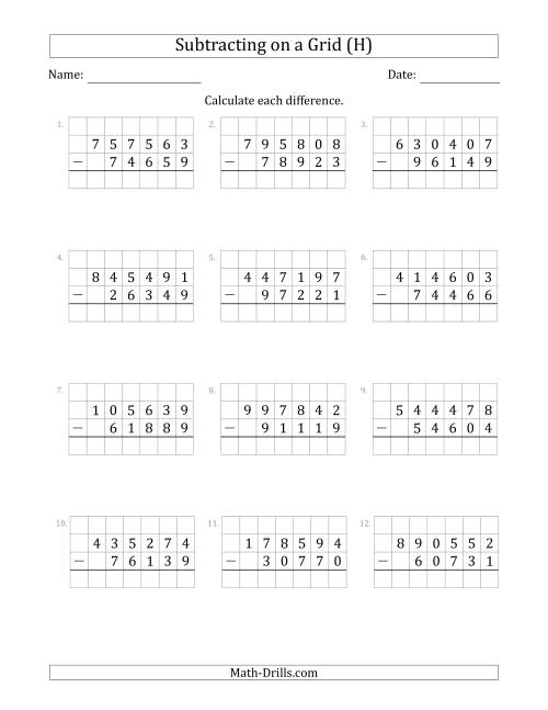 The Subtracting 5-Digit Numbers from 6-Digit Numbers With Grid Support (H) Math Worksheet