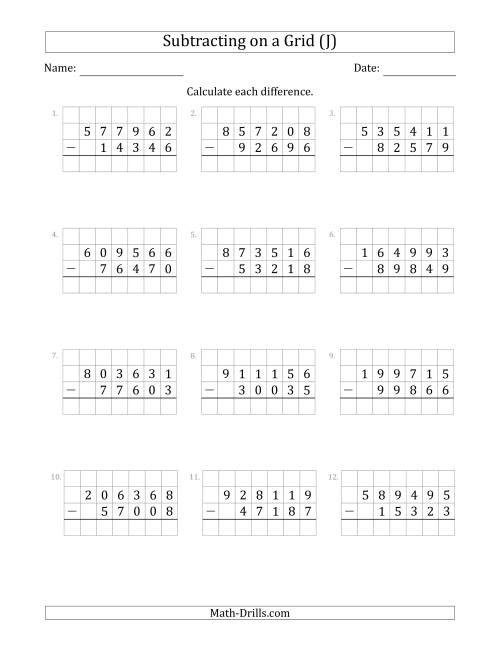 The Subtracting 5-Digit Numbers from 6-Digit Numbers With Grid Support (J) Math Worksheet