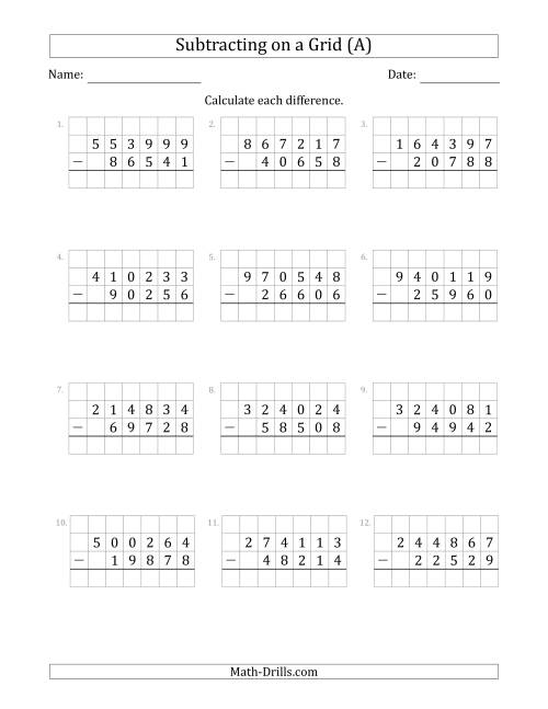 The Subtracting 5-Digit Numbers from 6-Digit Numbers With Grid Support (All) Math Worksheet