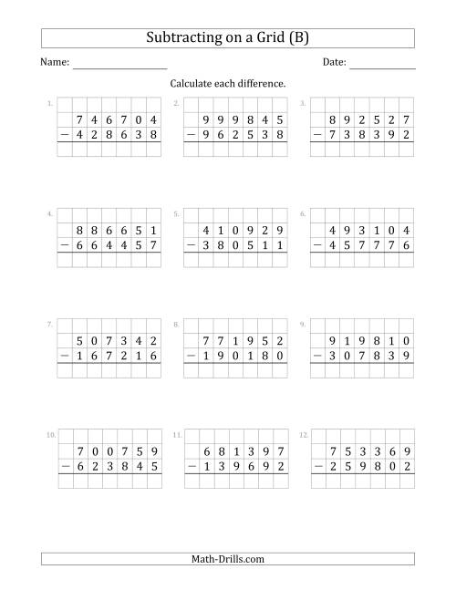 The Subtracting 6-Digit Numbers from 6-Digit Numbers With Grid Support (B) Math Worksheet