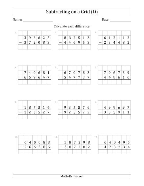 The Subtracting 6-Digit Numbers from 6-Digit Numbers With Grid Support (D) Math Worksheet