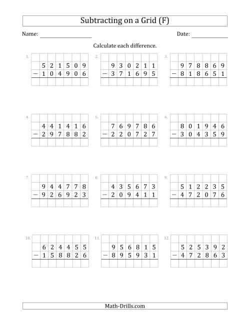 The Subtracting 6-Digit Numbers from 6-Digit Numbers With Grid Support (F) Math Worksheet