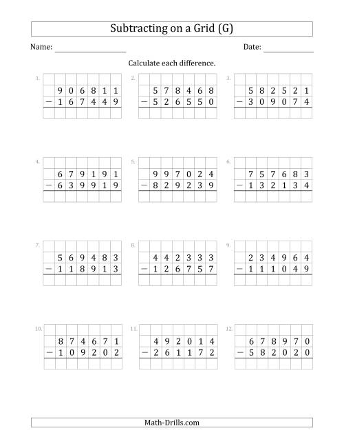 The Subtracting 6-Digit Numbers from 6-Digit Numbers With Grid Support (G) Math Worksheet