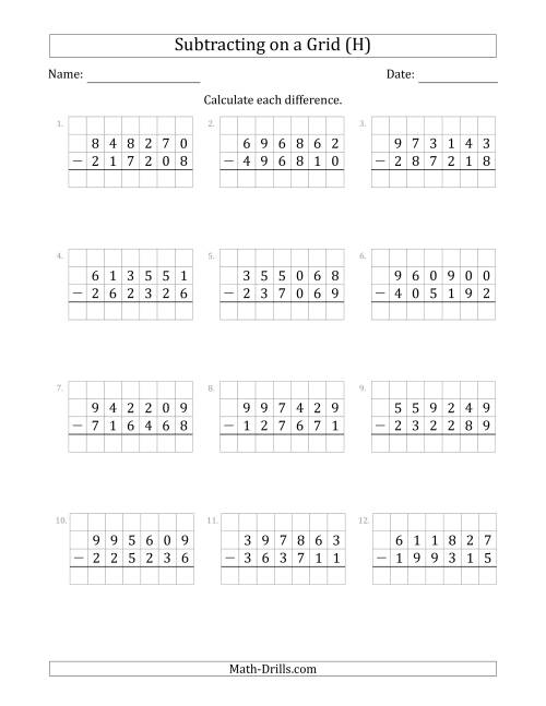 The Subtracting 6-Digit Numbers from 6-Digit Numbers With Grid Support (H) Math Worksheet