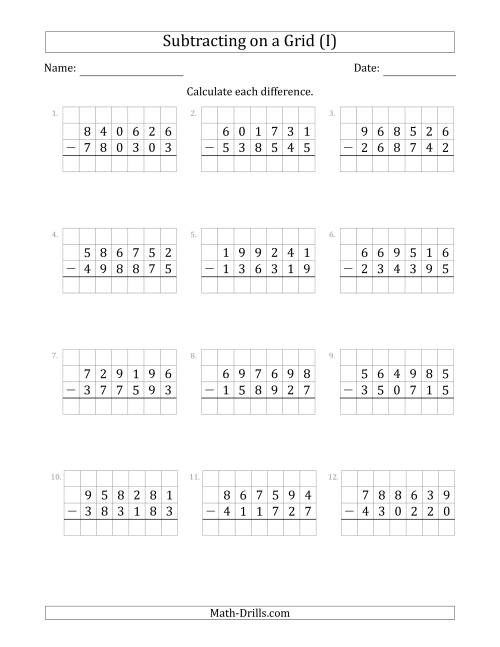 The Subtracting 6-Digit Numbers from 6-Digit Numbers With Grid Support (I) Math Worksheet
