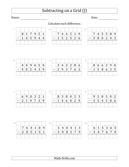 The Subtracting 6-Digit Numbers from 6-Digit Numbers With Grid Support (J) Math Worksheet