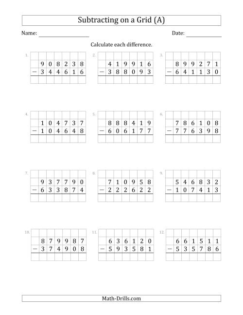 The Subtracting 6-Digit Numbers from 6-Digit Numbers With Grid Support (All) Math Worksheet