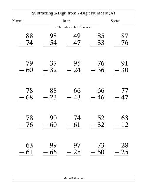 The Subtracting 2-Digit from 2-Digit Numbers With No Regrouping (25 Questions) Large Print (A) Math Worksheet