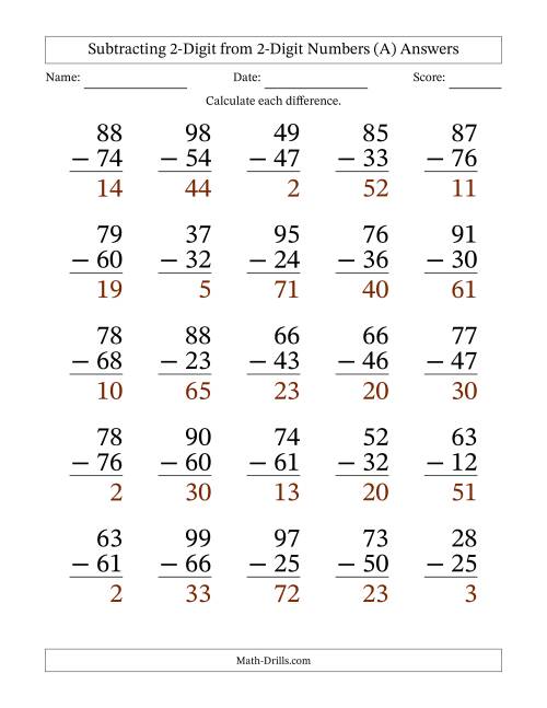 The Large Print 2-Digit Minus 2-Digit Subtraction with NO Regrouping (A) Math Worksheet Page 2