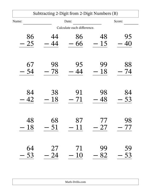 The Subtracting 2-Digit from 2-Digit Numbers With No Regrouping (25 Questions) Large Print (B) Math Worksheet