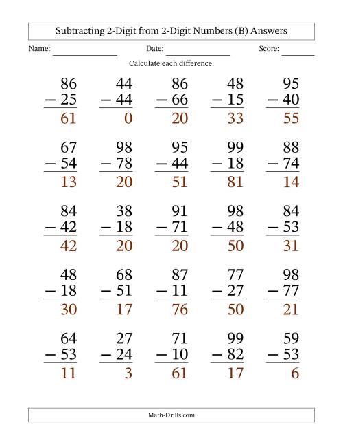 The Subtracting 2-Digit from 2-Digit Numbers With No Regrouping (25 Questions) Large Print (B) Math Worksheet Page 2